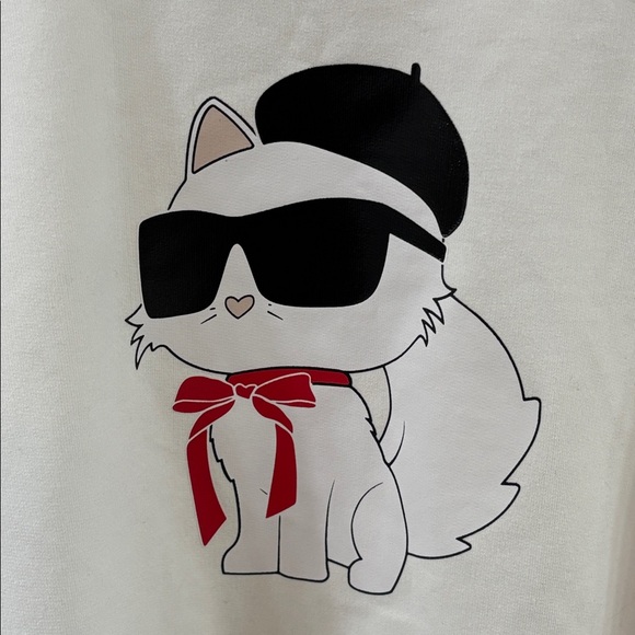 NWT Karl Lagerfeld Paris Long Sleeve High Low White Cat Top Sweatshirt Large - Picture 4 of 9